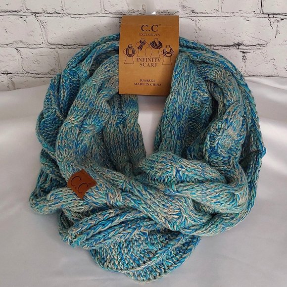 'C.C BEANIE 'INFINITY' SCARF MARBLED TEAL FULL WRAP - Picture 1 of 15